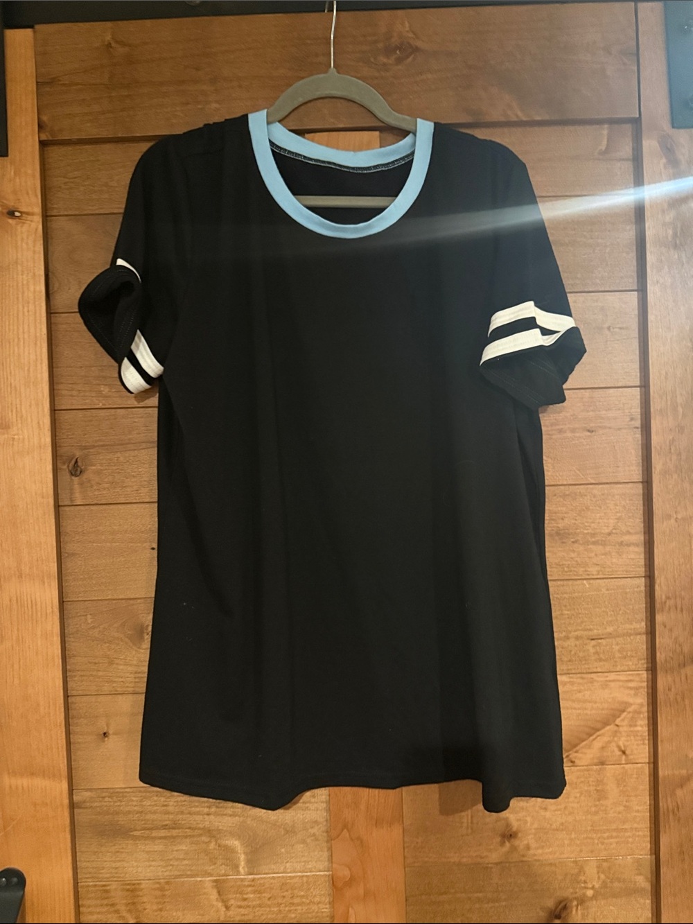 Women’s Black Tee with Light Blue Collar and White Stripe Sleeves
